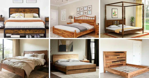 Collection of six wood bed frame designs showcasing rustic, modern, and canopy styles in different bedroom settings