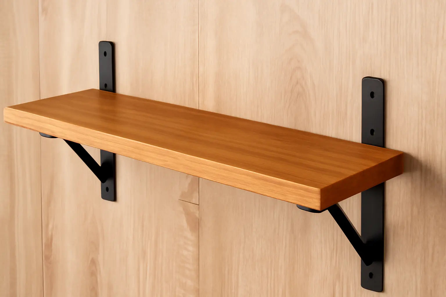 Stylish wooden shelf supported by sturdy brackets for shelves wood against a wooden backdrop