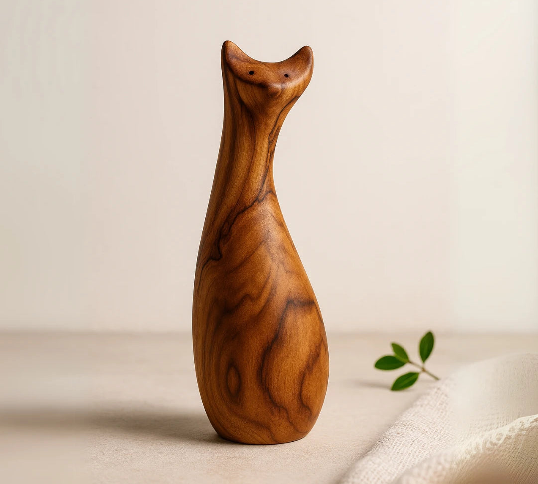 Wood Ceylon handcrafted wooden cat sculpture with smooth polished finish and natural wood grain