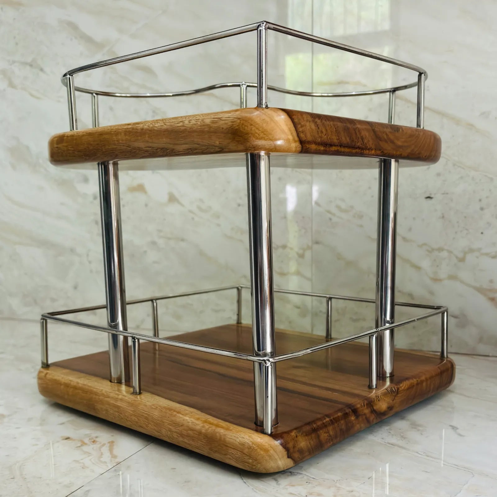 Wood Ceylon corner spice rack with wooden shelves and metal frame for kitchen organization