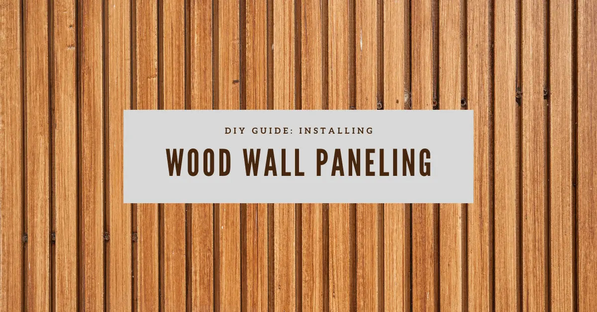 Close up of wooden wall panels with text DIY wood wall paneling guide overlay