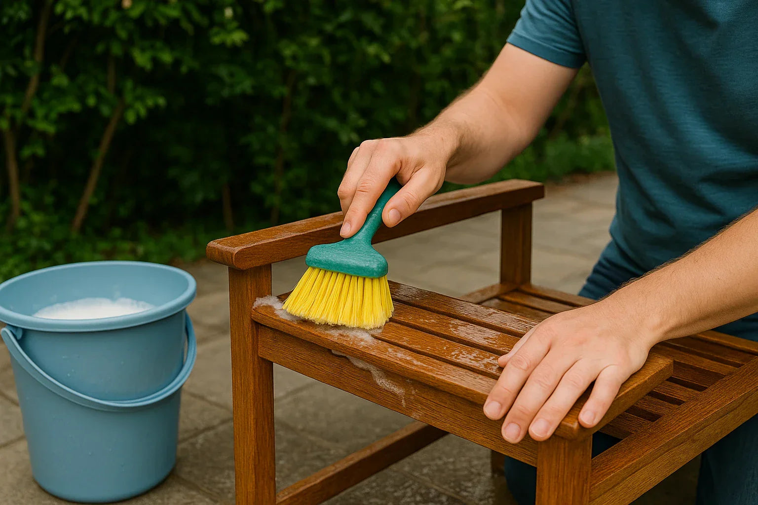 Person cleaning wooden outdoor furniture with a brush and soapy water bucket in garden