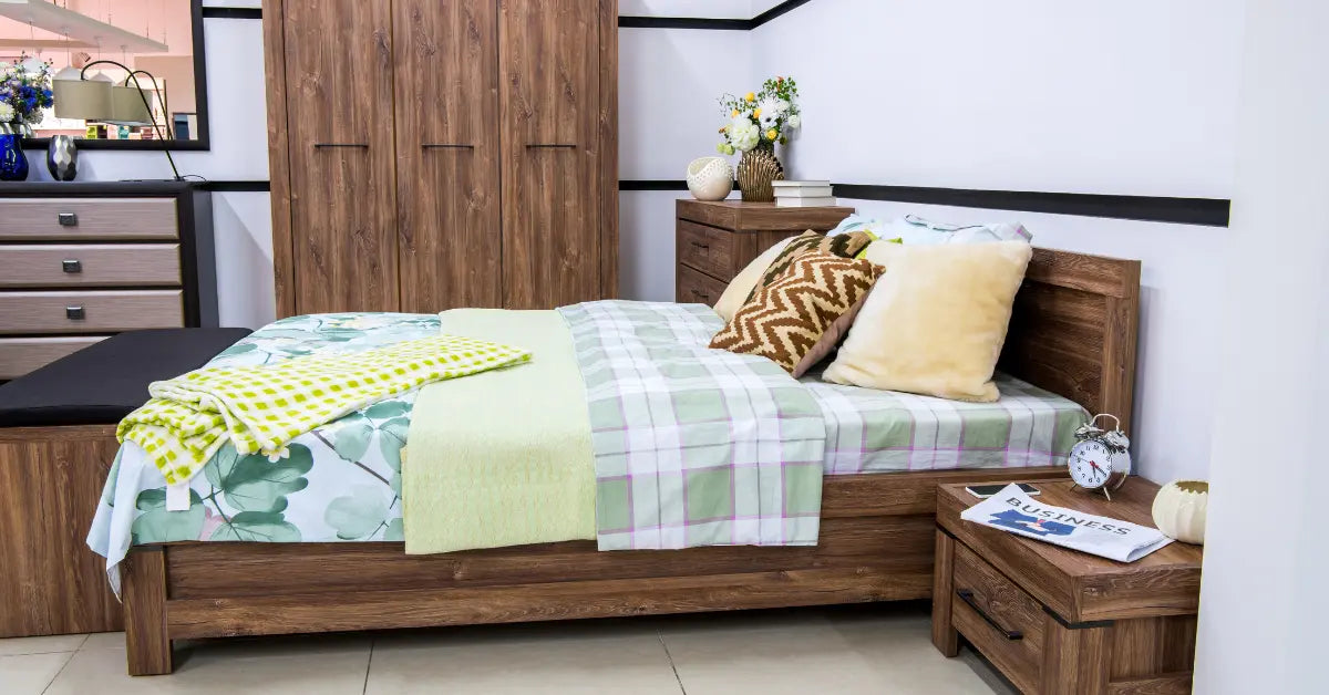 Modern bedroom furniture set including wooden bed frame, nightstand, and wardrobe in a cozy room