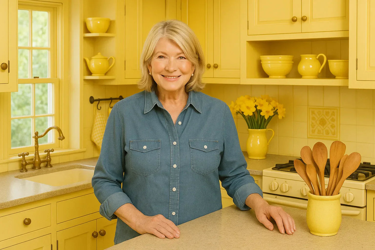 Smiling woman in a bright yellow kitchen showcasing yellow kitchen decor with painted cabinets bowls daffodils and utensils - Martha Stewart yellow kitchen decor