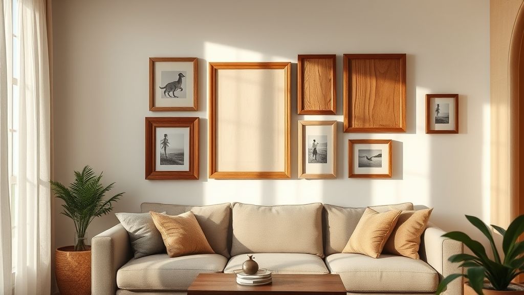 wooden picture frame on hanging living room area
