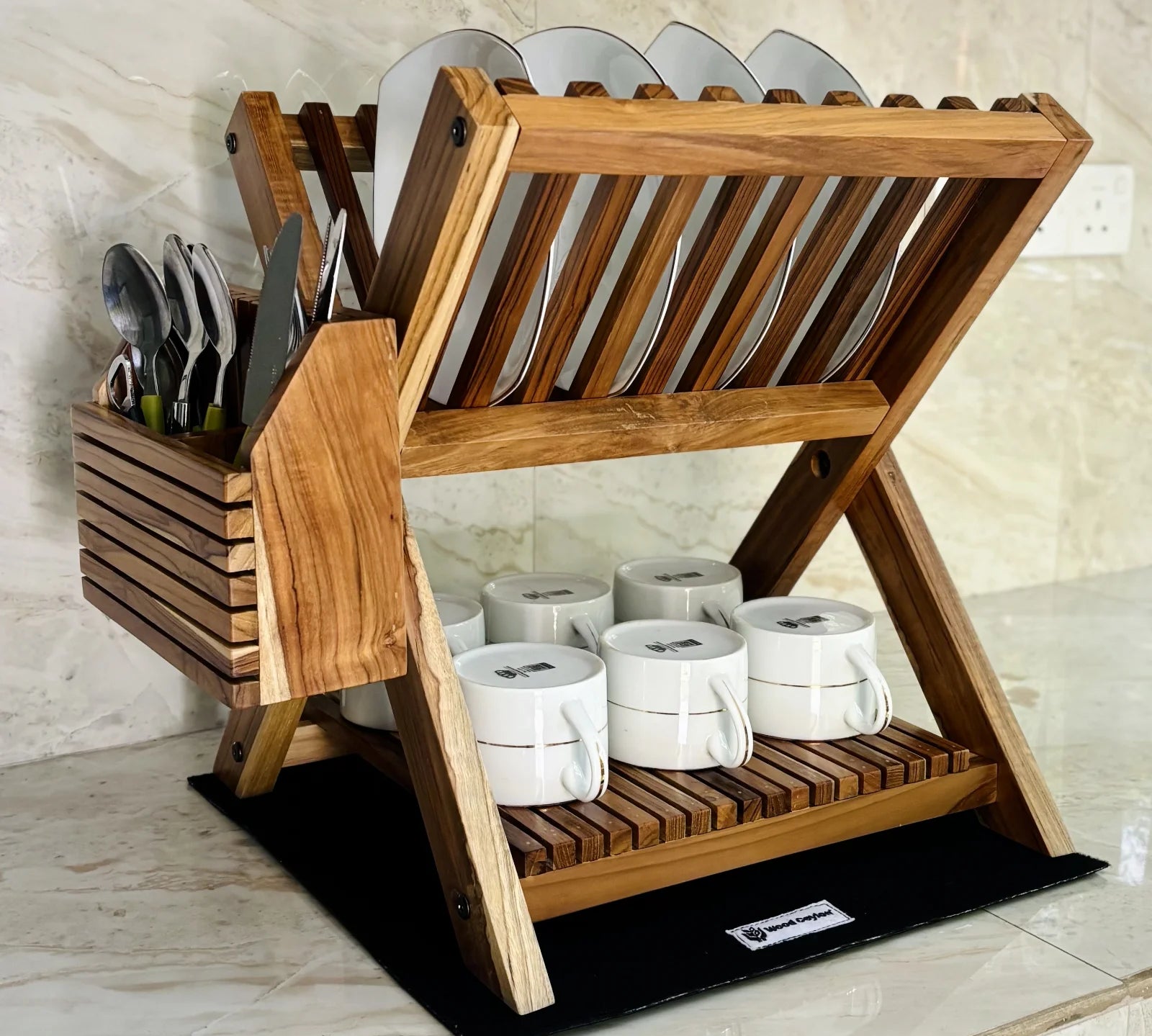 Wood Ceylon small dish drying rack in wood with slots for plates, cups, and cutlery holder on kitchen counter