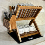 Wood Ceylon small dish drying rack in wood with slots for plates, cups, and cutlery holder on kitchen counter
