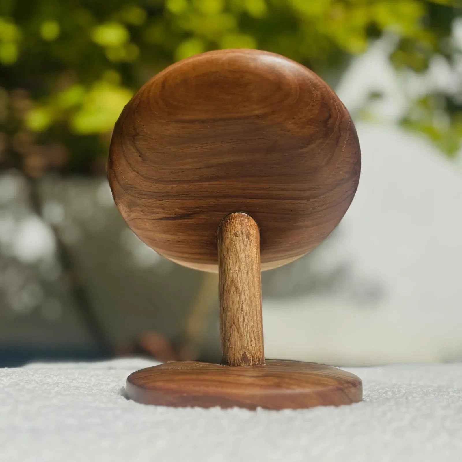 Wood Ceylon tabletop vanity mirror teak with round wooden frame and base in natural finish