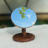 Wood Ceylon tabletop vanity mirror teak with round reflective glass and sturdy wooden base
