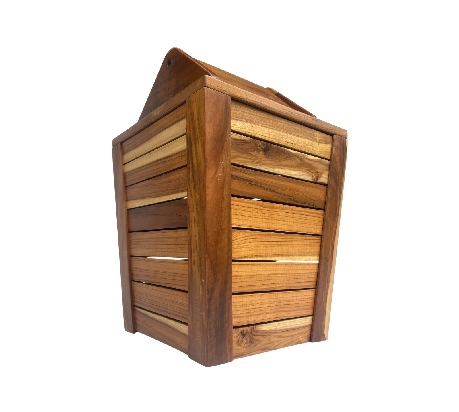 Wood Ceylon wooden trash can with swing top lid made of mixed wood tones