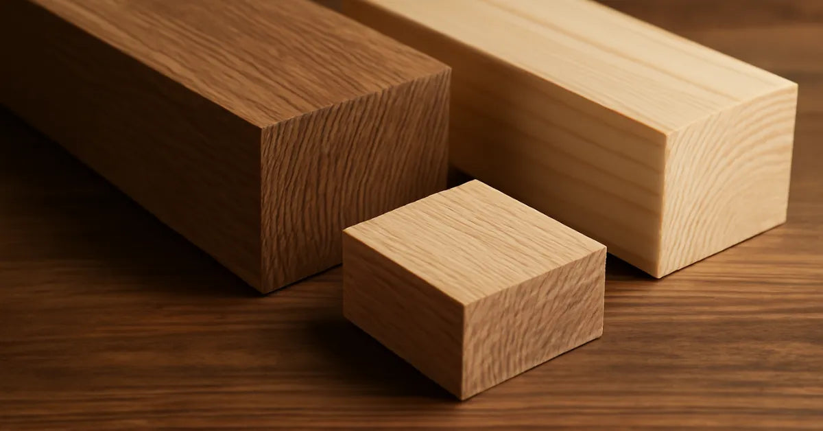 Comparison of hardwood vs softwood blocks showing different wood grains and colors on a wooden surface