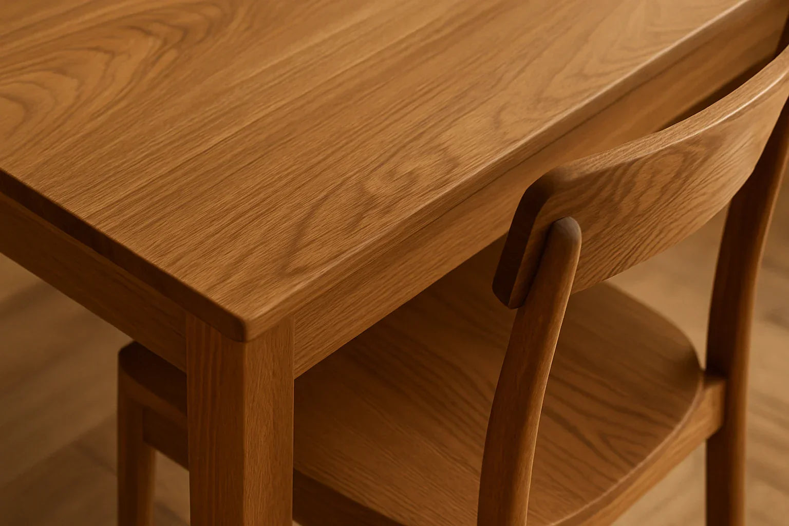 Close-up of wooden table and chair showcasing natural wood grain texture and smooth finish