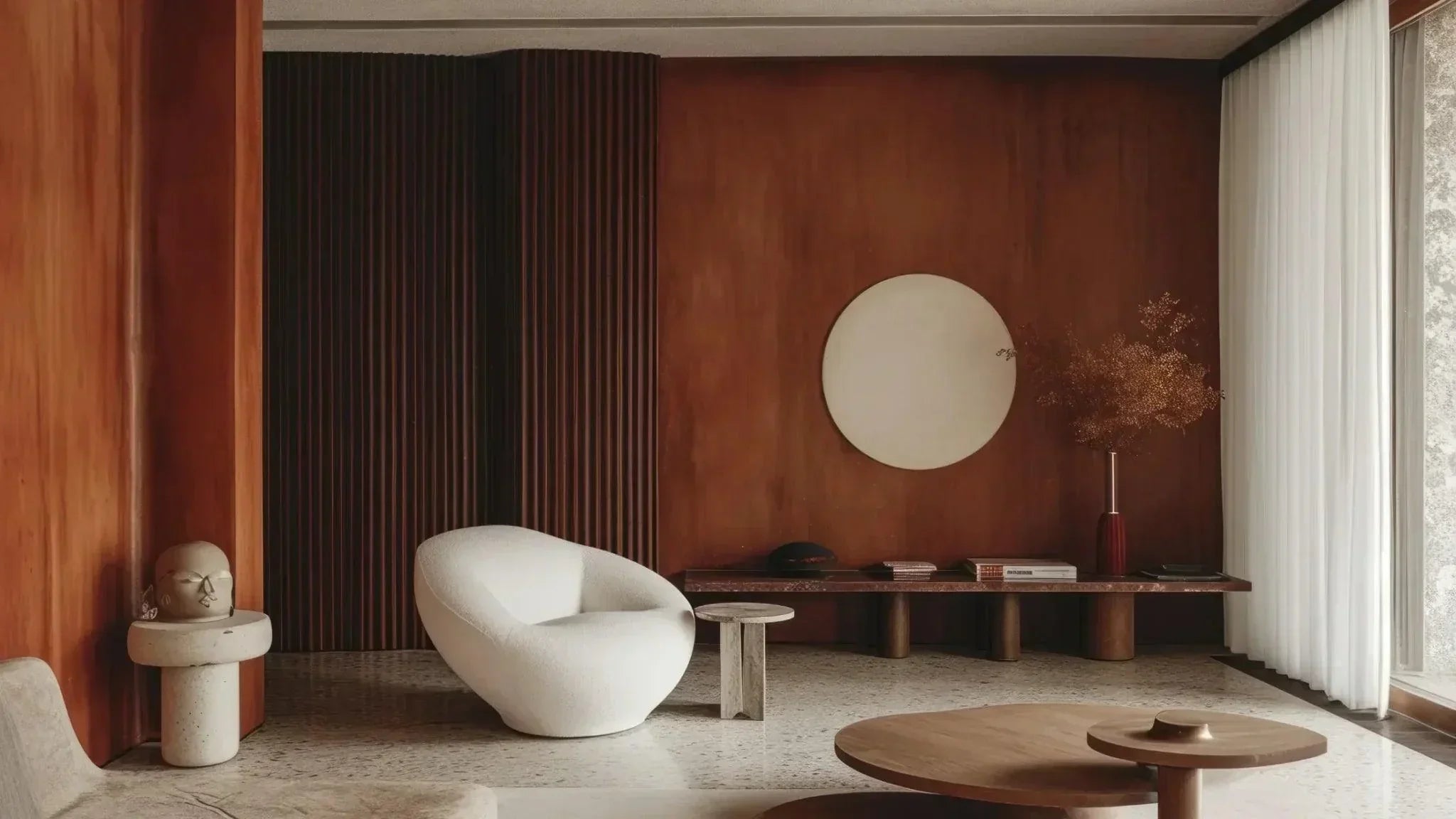 Modern living room showcasing wood wall decor ideas with warm tones and minimalist furniture