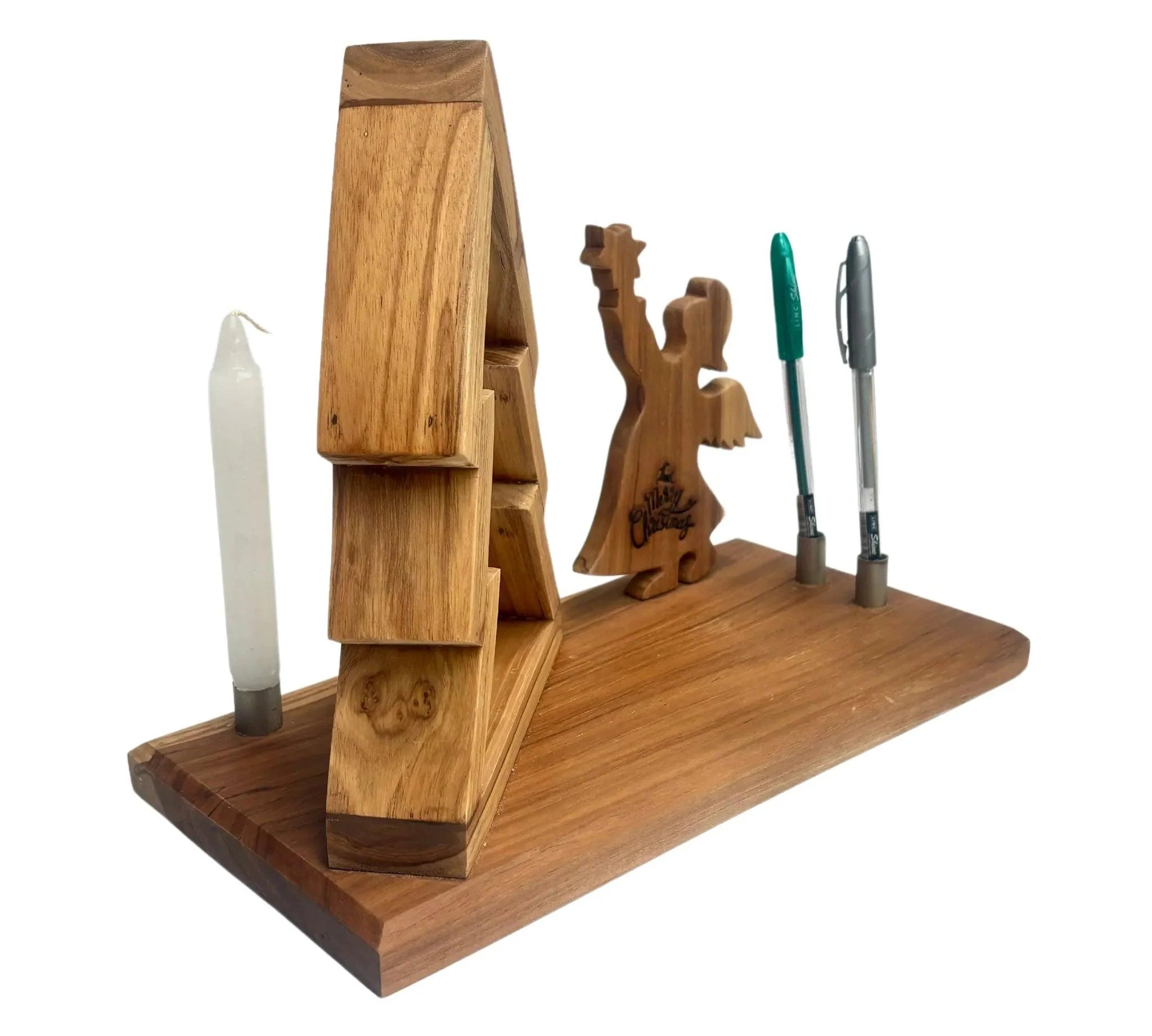 Wood Ceylon wooden Christmas Tree with Angel decorative pen and candle holder on a rectangular base
