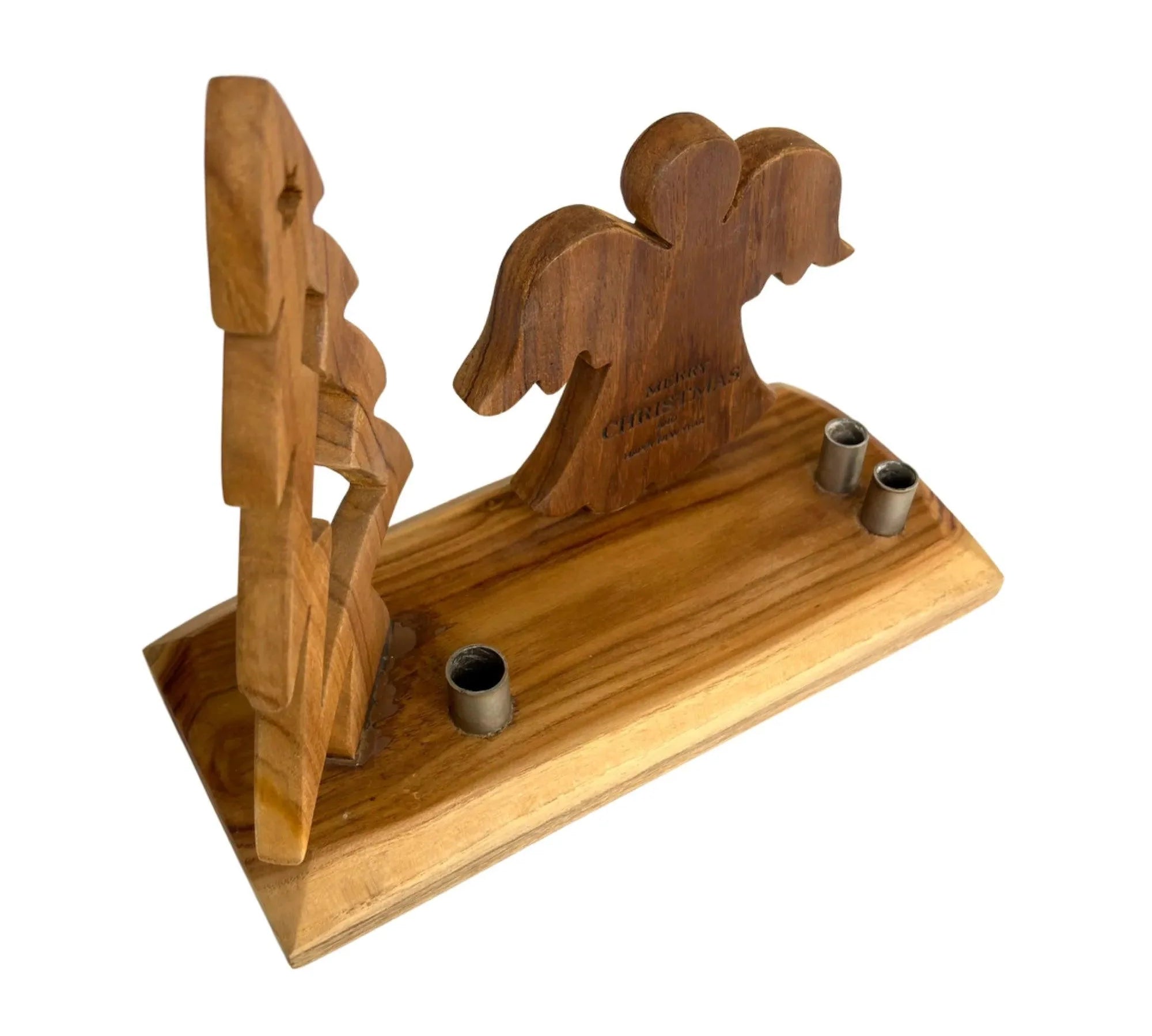 Wooden Christmas Tree with Angel decoration by Wood Ceylon with candle holders on wooden base