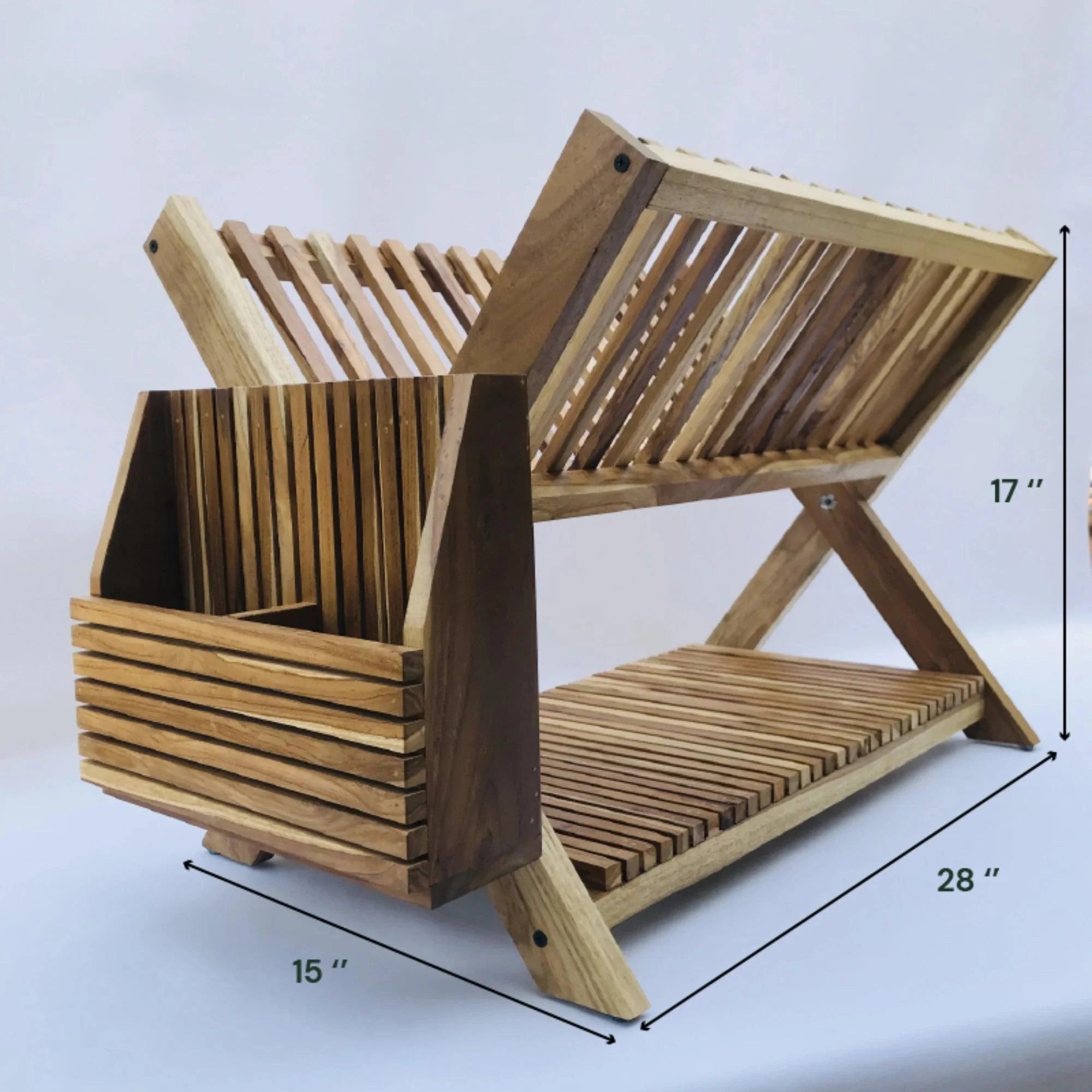 Wood Ceylon wooden dish drying rack with slotted design and utensil holder measuring 28 by 15 by 17 inches