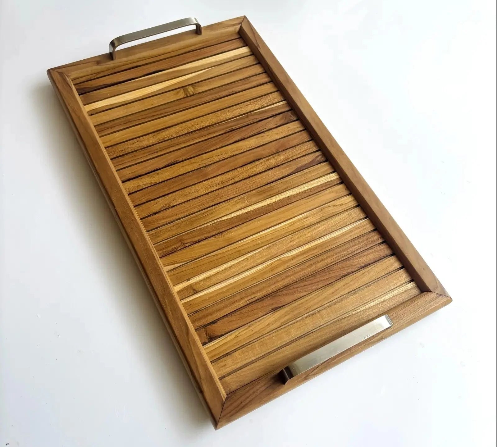Wood Ceylon wooden serving tray with handles featuring slatted design and metal handles