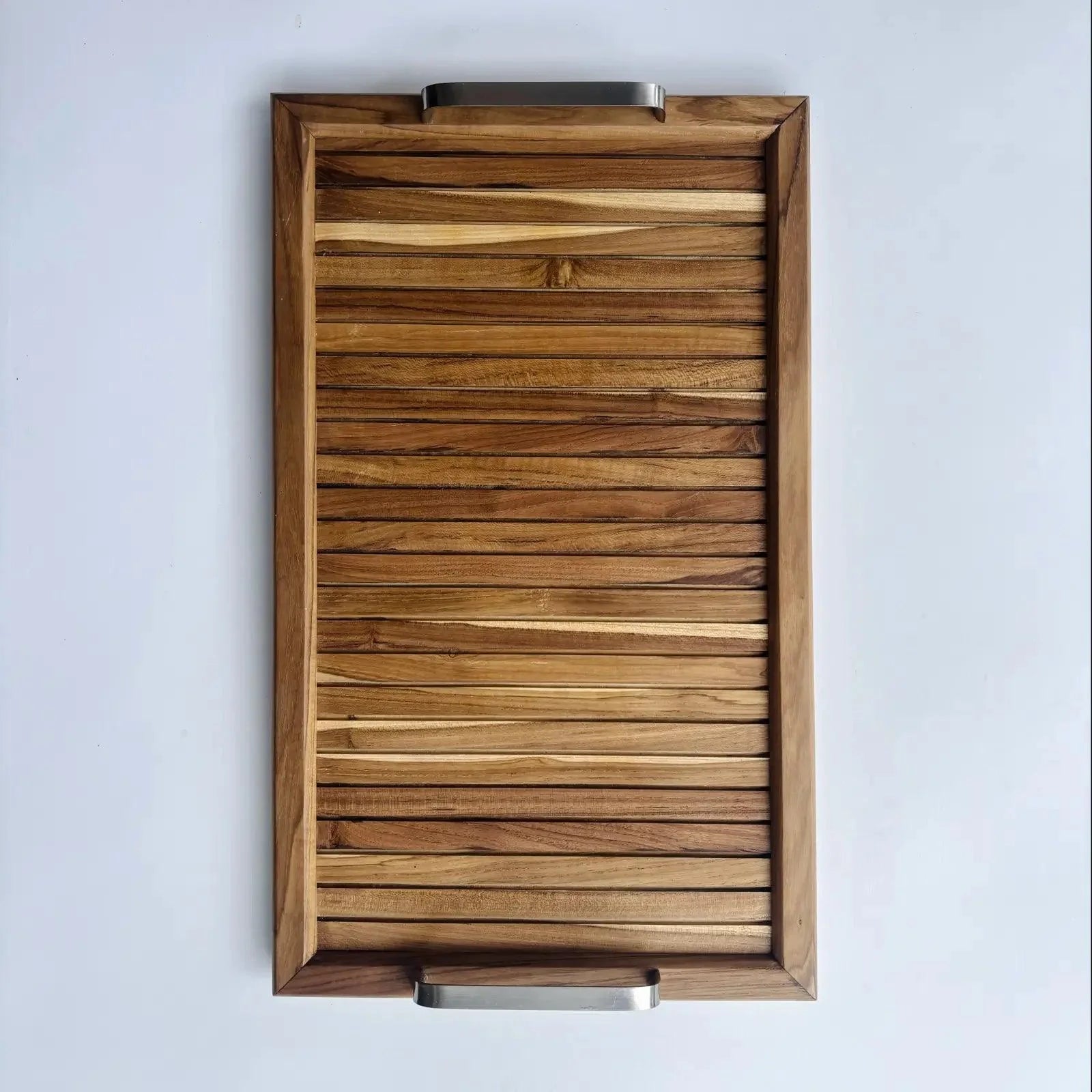 Wood Ceylon wooden serving tray with handles featuring natural wood grain and metal handles