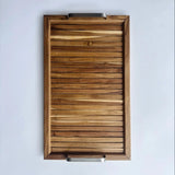 Wood Ceylon wooden serving tray with handles featuring natural wood grain and metal handles