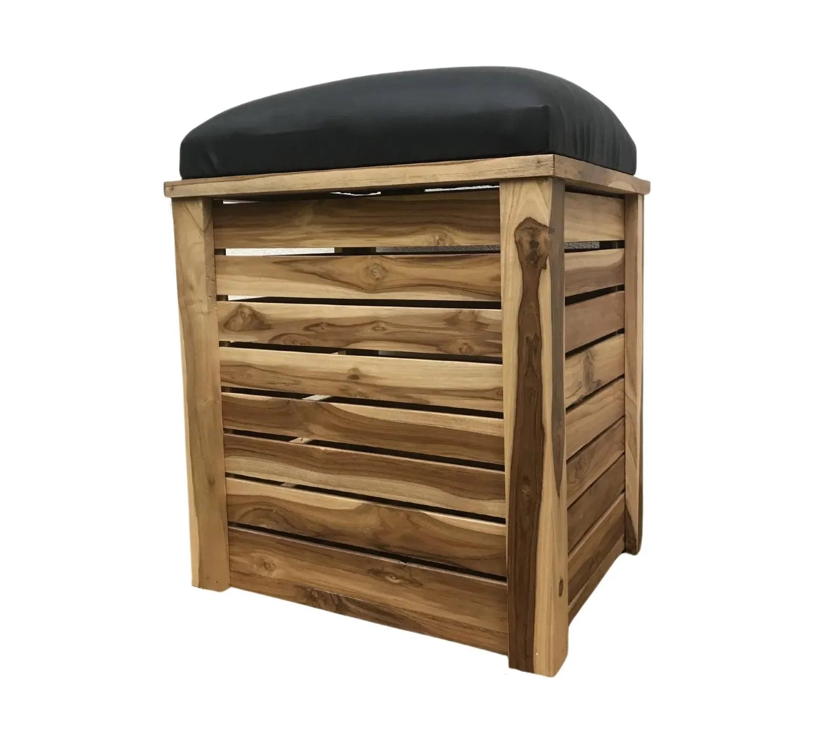 Wood Ceylon wooden storage bench with cushion featuring slatted sides and black padded top
