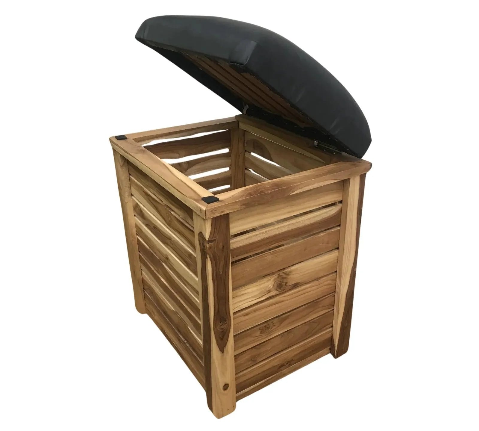 Wood Ceylon storage bench with cushion featuring wooden slats and black cushioned top for storage and seating