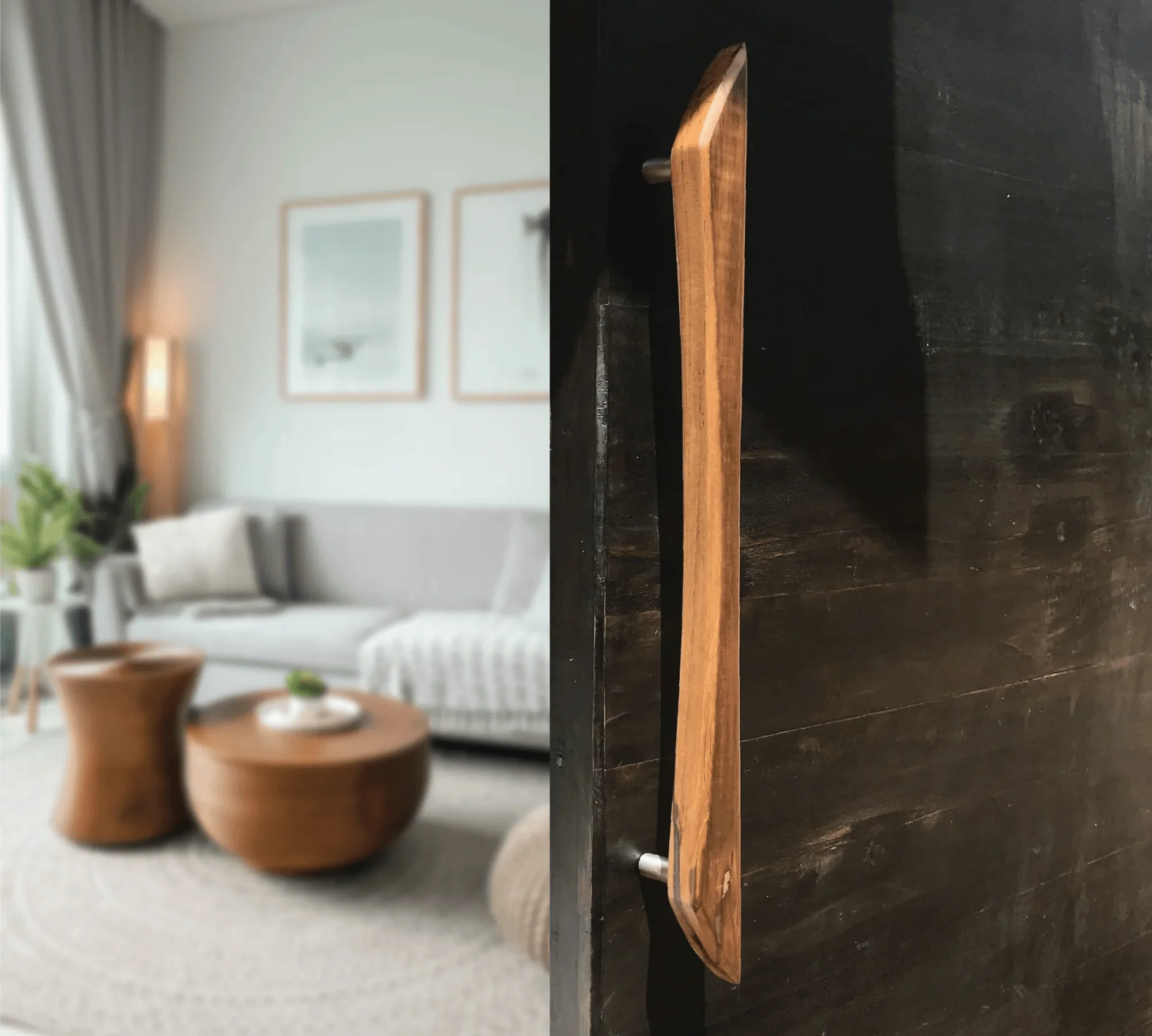 Handmade barn door handles by Wood Ceylon installed on a dark wooden door in a modern living room
