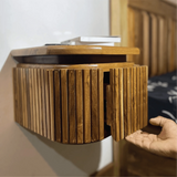 Wood Ceylon wooden floating nightstand with drawer mounted on wall showing open door