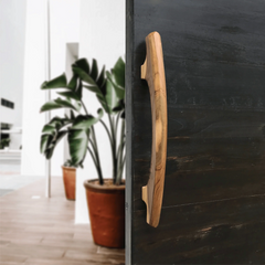 Wood Ceylon handmade teak door handle mounted on a dark wooden door with plants in background
