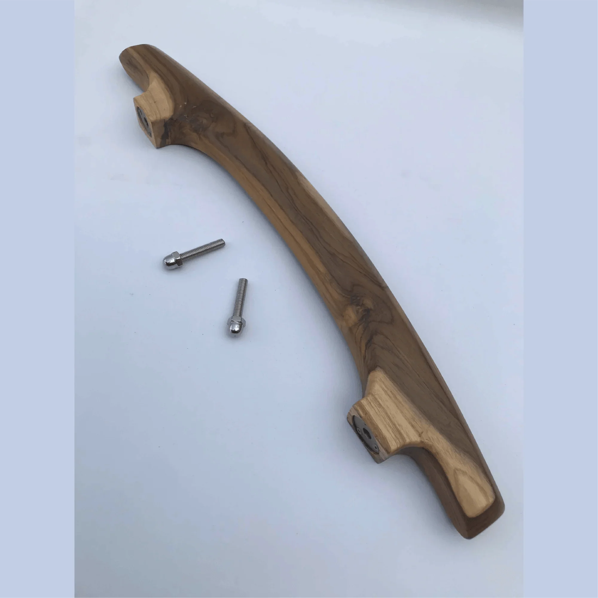 Wood Ceylon handmade teak door handle with natural wood grain and mounting screws on white background