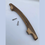 Wood Ceylon handmade teak door handle with natural wood grain and mounting screws on white background