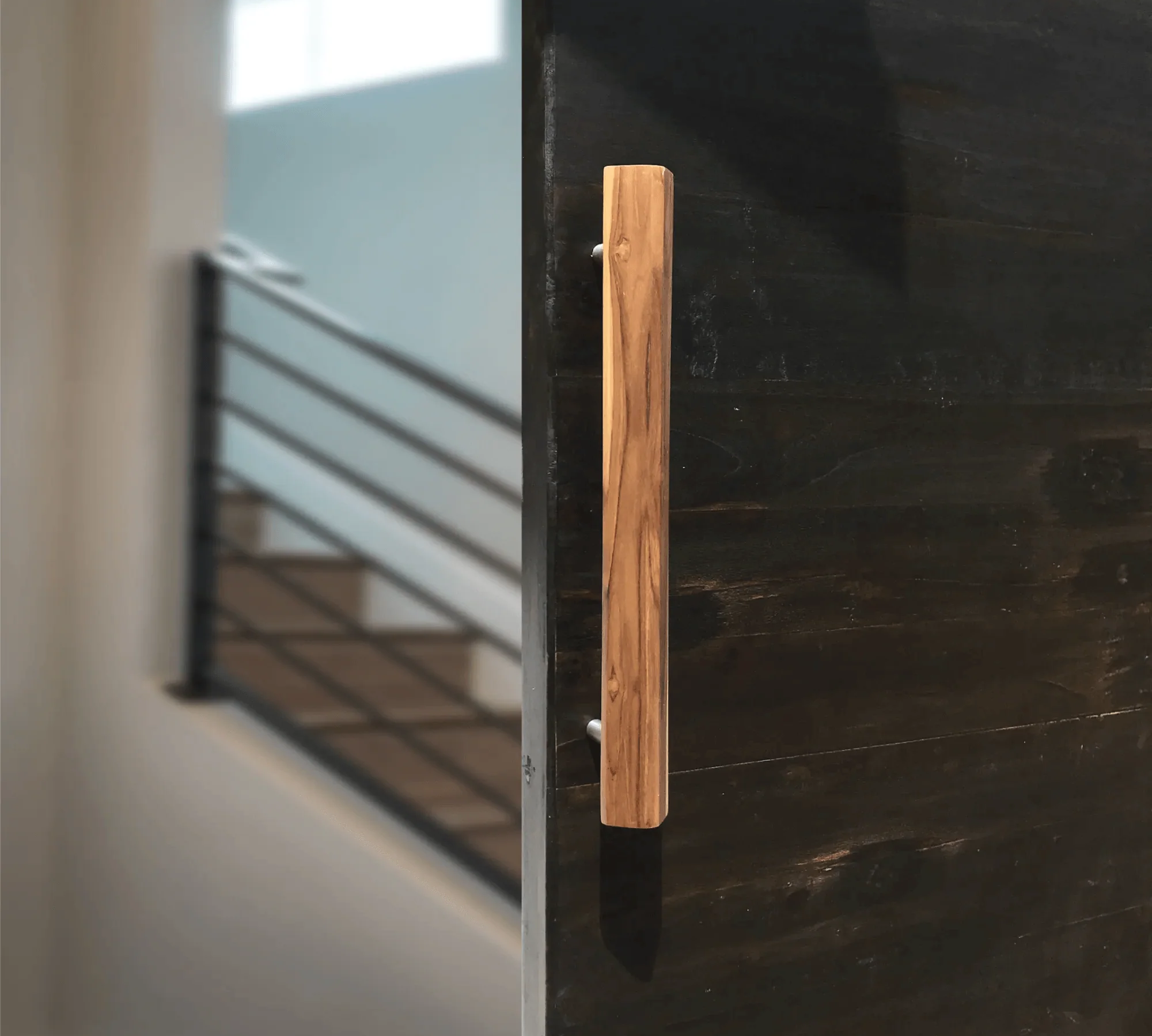 Wood Ceylon wood Storm Door Handle mounted on dark wood door in modern interior